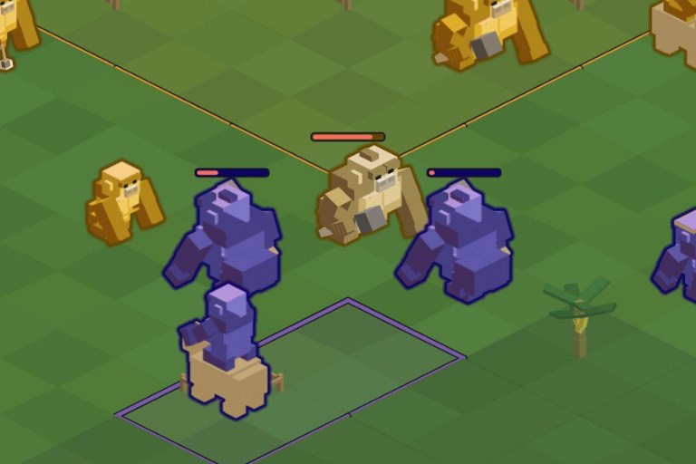 A gold monkey mid-swing against a violet one across a front line, both showing damage badges and health bars, with each tribe’s city behind it.