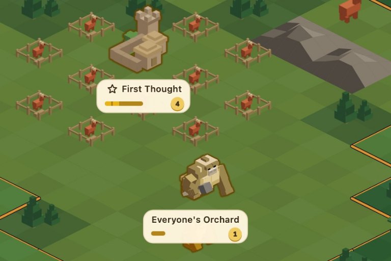 An isometric island. A monkey with a club stands on a freshly taken village, and the orange border around the player’s land has bulged out to enclose it.