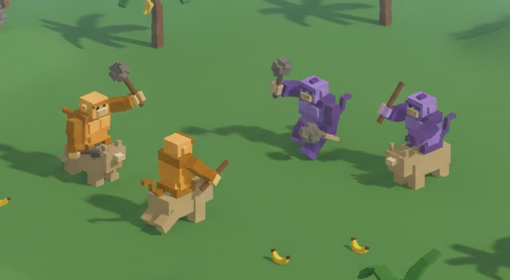 Gold and violet monkeys with maces and mounts, squaring off in a meadow.