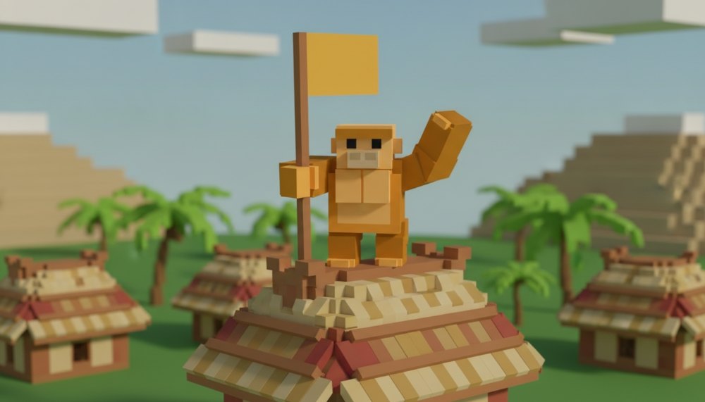 A gold Scout close up on a hut roof, flag in hand, huts and palms behind.
