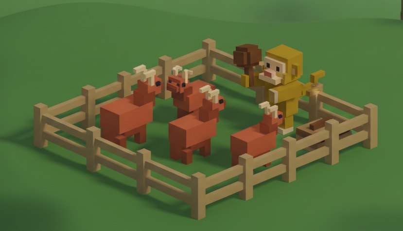 A gold Scout with a mallet at a rail fence, three red cattle inside.